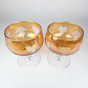 Bohemian Grapevine Wine Brandy Glasses Amber Flashed Pair Set of 2 Vintage